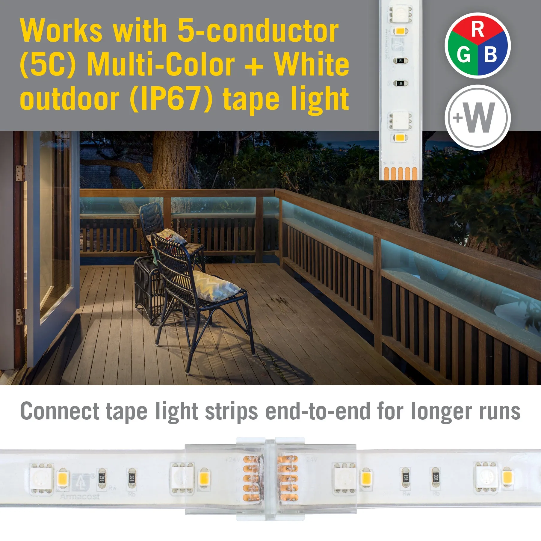 5 Pin IP67 Outdoor LED Strip Light RGB W Tape to Tape Splice Connector