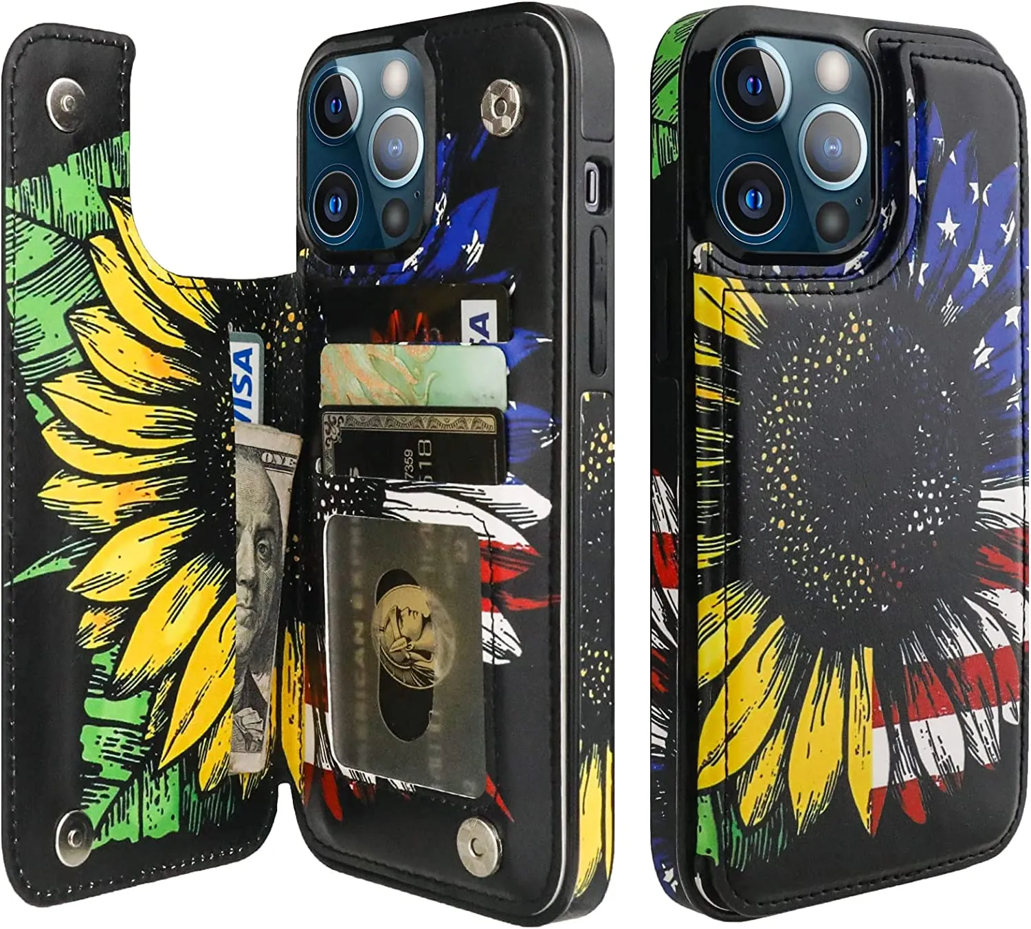 iPhone 13 Pro Max Wallet Case American Flag Sunflowers Shockproof Cover