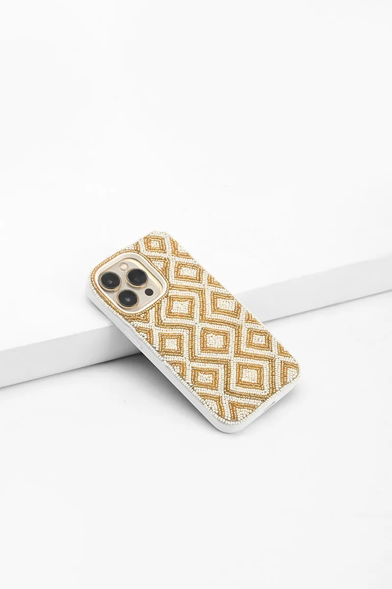 Pearl White and Gold Beaded Iphone 14Pro Case