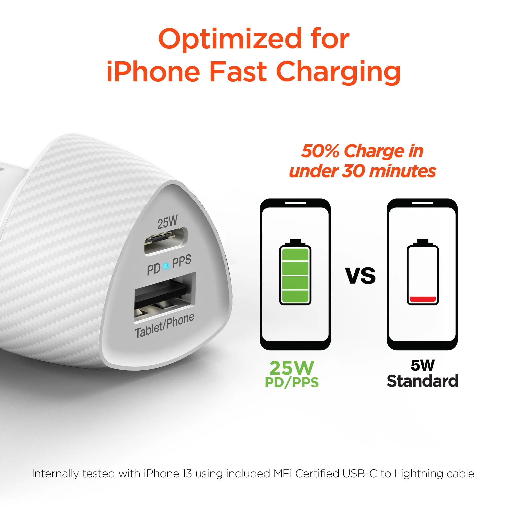 SpeedBoost 25W USB-C PD   12W USB Fast Car Charger with PPS | Includes 4ft MFi Lightning Cable | White