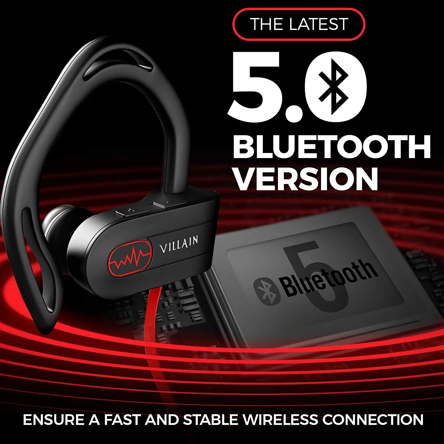 Villain Sport Headphones | Running Headphones | Workout Headphones | Gym Headphones | Wireless Bluetooth Earbuds IPX7 HiFi HD Sound with Thumping Bass