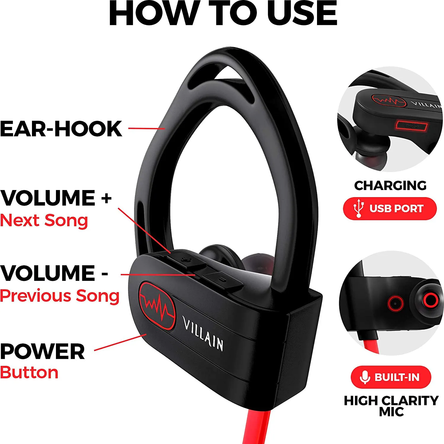 Villain Sport Headphones | Running Headphones | Workout Headphones | Gym Headphones | Wireless Bluetooth Earbuds IPX7 HiFi HD Sound with Thumping Bass